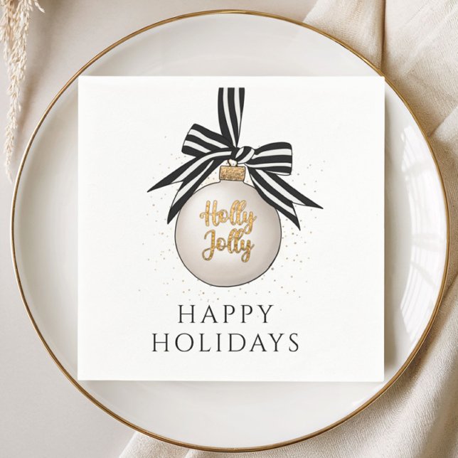 Serviette En Papier Joyeuses Fêtes Boule de Noël Blanche Noire (Happy Holidays Christmas Bauble White Black Napkins)
