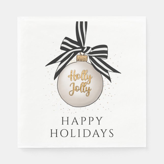 Serviette En Papier Joyeuses fêtes Noël Bauble Blanc Noir (Devant)
