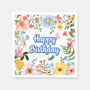 Serviette En Papier Joyeuses fleurs d'aquarelle d'anniversaire