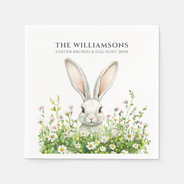 Serviette En Papier Joyeuses fleurs de lapin blanc de Pâques personnal (Devant)