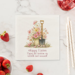 Serviette En Papier Joyeuses Pâques Fleurs roses et jaunes de printemp