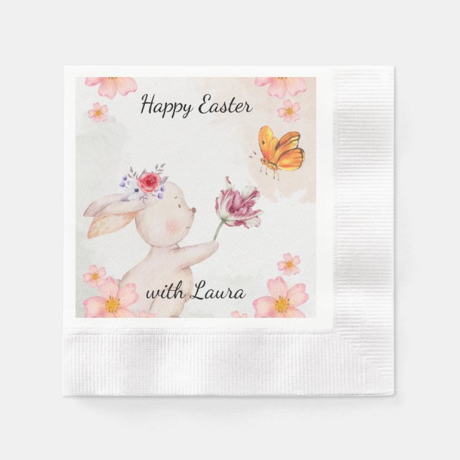 Serviette En Papier Joyeuses Pâques - lapin avec papillon (Devant)
