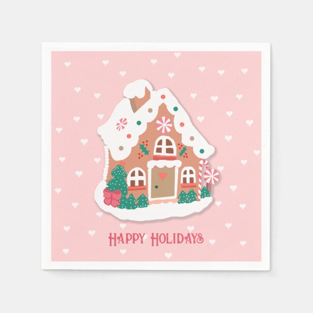 Serviette En Papier Joyeuses Vacances Cute Rose Snowy Gingerbread Mais (Devant)