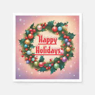 Serviette En Papier Joyeuses vacances Wreath Colorful Christmas neige