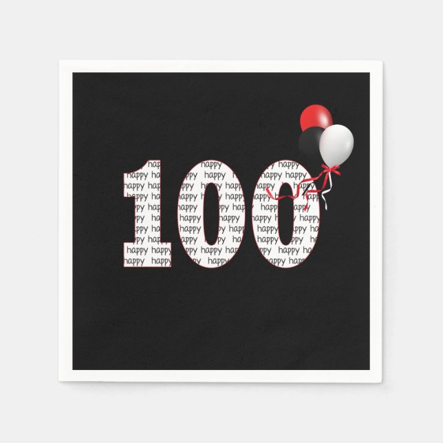 Serviette En Papier Joyeux 100e anniversaire sur des serviettes noires (Devant)