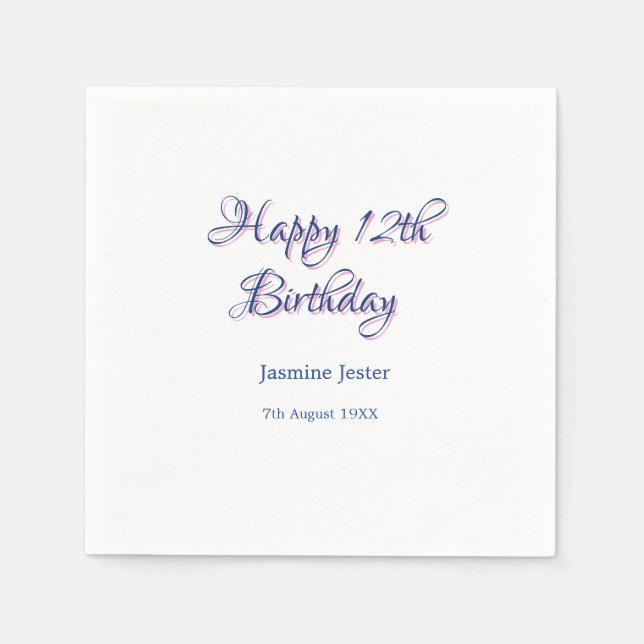 Serviette En Papier joyeux 12ème anniversaire bleu rose nom date simpl (Devant)