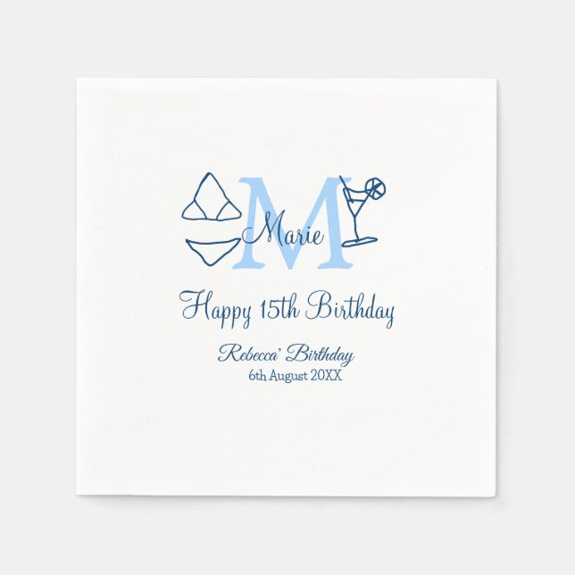 Serviette En Papier Joyeux 15e anniversaire bleu ajouter nom monogramm (Devant)