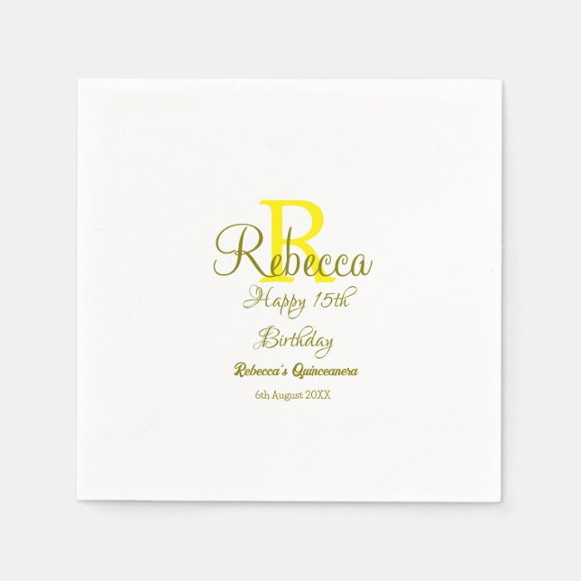 Serviette En Papier Joyeux 15e anniversaire jaune ajouter nom monogram (Devant)