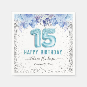Serviette En Papier Joyeux 15e Anniversaire Paillettes Florales Bleu C
