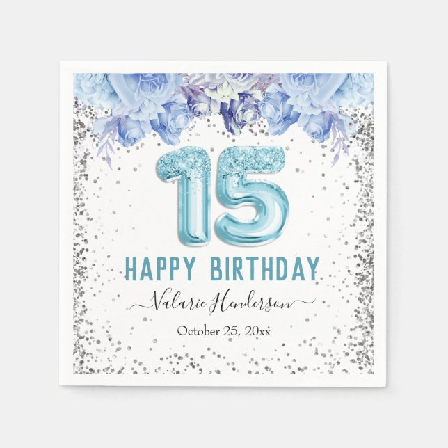 Serviette En Papier Joyeux 15e Anniversaire Paillettes Florales Bleu C (Devant)