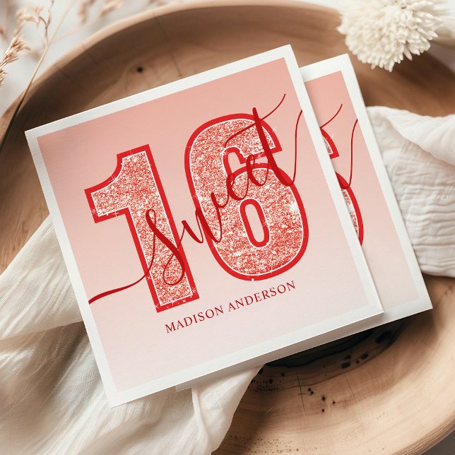 Serviette En Papier Joyeux 16e anniversaire écriture paillettes rouges (Créateur téléchargé)