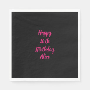 Serviette En Papier Joyeux 16e anniversaire rose noir personnalisé Nom