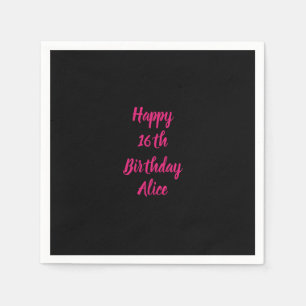 Serviette En Papier Joyeux 16e anniversaire rose noir personnalisé Nom