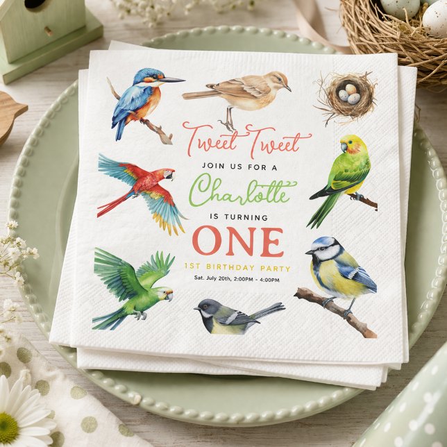 Serviette En Papier Joyeux 1er Anniversaire de Petit Oiseau | Fête de  (Cute Bird 1st Birthday Party Invitation)