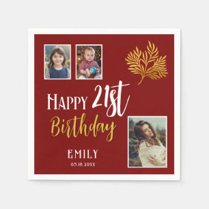 Serviette En Papier Joyeux 21e anniversaire Gold Foliage 3 Photo Party