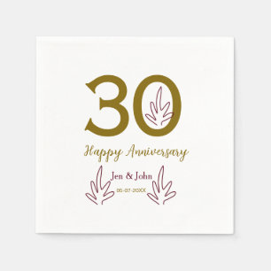 Serviette En Papier Joyeux 30e anniversaire nom date feuille rouge dor