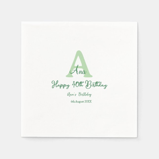 Serviette En Papier Joyeux 40e anniversaire vert ajouter nom monogramm (Devant)