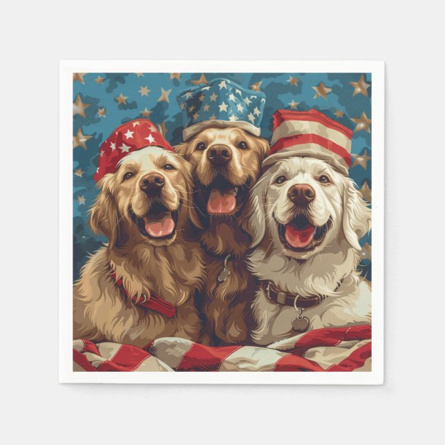 Serviette En Papier Joyeux 4 Juillet Chiens De Rétritrice D'Or (Devant)