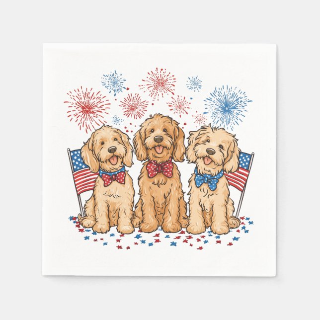 Serviette En Papier Joyeux 4 juillet Goldendoodle Dogs Fireworks (Devant)