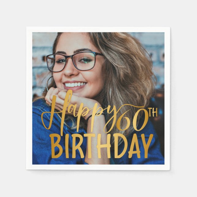Serviette En Papier Joyeux 60e anniversaire Script photo personnalisée (Devant)