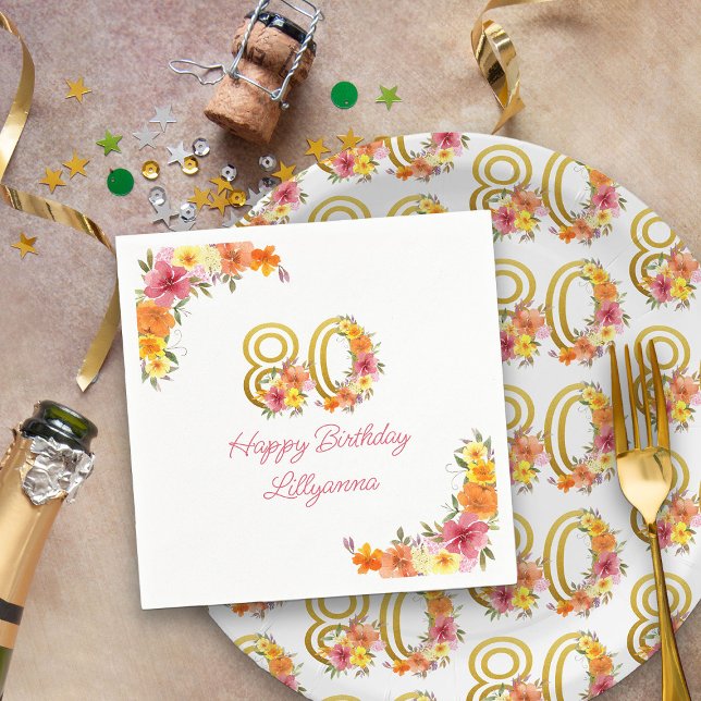 Serviette En Papier Joyeux 80e anniversaire Floral Gold Numéro 80 Part (80th Birthday Party Napkins from my Floral Number Birthday Party Collection)