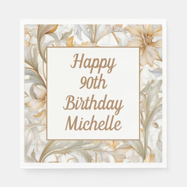Serviette En Papier Joyeux 90e Anniversaire Fleurs Dorées  (Devant)