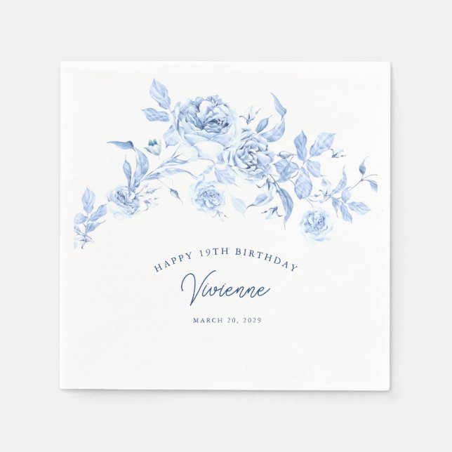 Serviette En Papier Joyeux anniversaire 19ème Rose bleu Floral Custom (Devant)