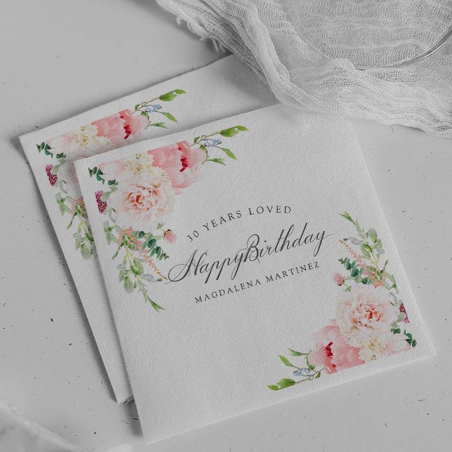 Serviette En Papier Joyeux anniversaire 30 ans aimés rose floral perso (Créateur téléchargé)