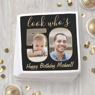 Serviette En Papier Joyeux Anniversaire : 50 ans - Noir et Or 2 Photos