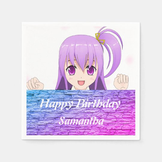 Serviette En Papier Joyeux Anniversaire Amusant Mauve Mauve Manga Kawa Zazzle Fr