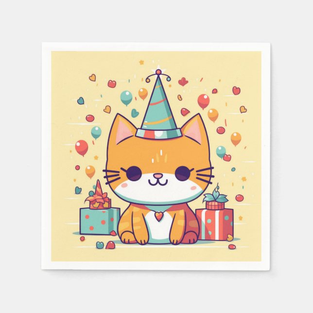 Serviette En Papier Joyeux anniversaire au chat de fête mignon, (Devant)