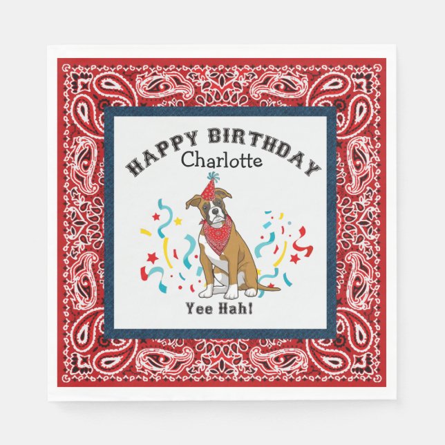 Serviette En Papier Joyeux anniversaire avec chien de boxe en Bandana  (Devant)