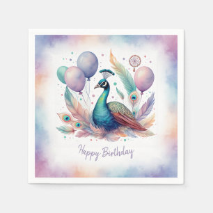 Serviette En Papier Joyeux Anniversaire Ballons Paon Aquarelle Mignon