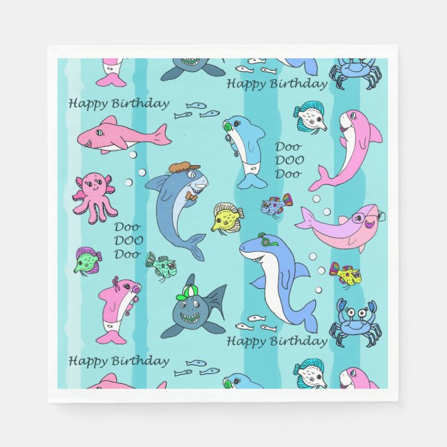 Serviette En Papier Joyeux anniversaire bébé requin Doo Doo Doo Party (Devant)