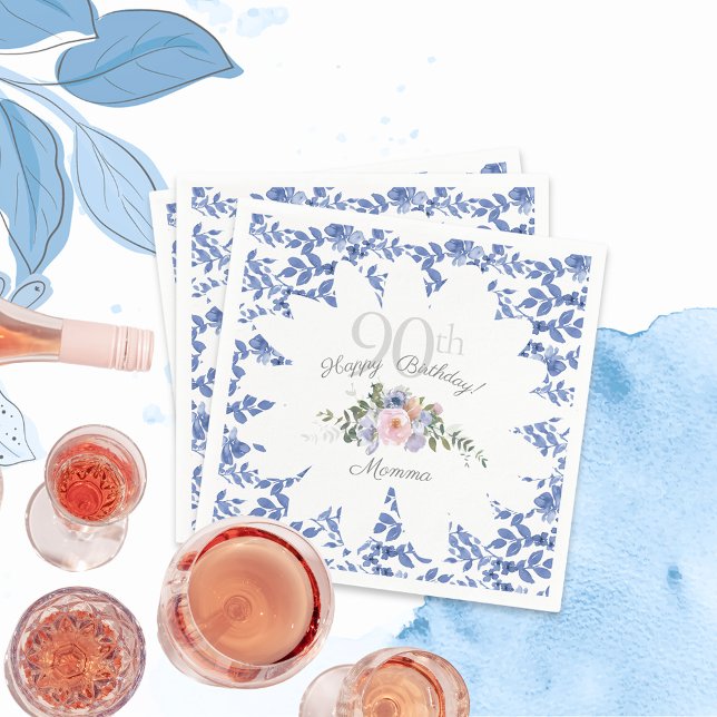 Serviette En Papier Joyeux Anniversaire Bleu Flore Blanche serviettes (Créateur téléchargé)