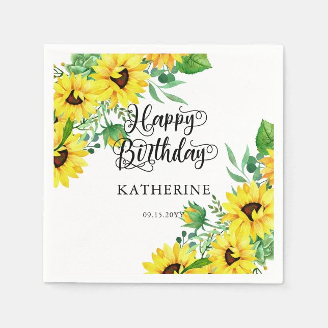 Serviette En Papier Joyeux Anniversaire Boho Sunflowers | Eucalyptus (Devant)