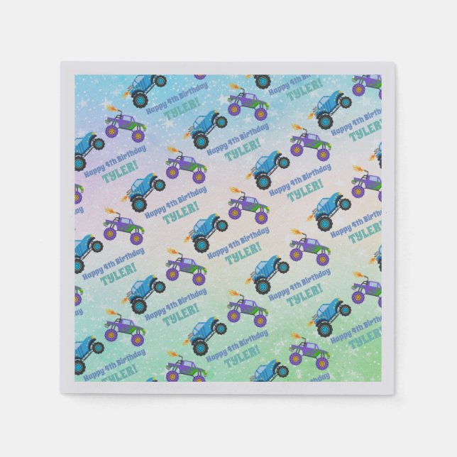 Serviette En Papier Joyeux Anniversaire, Camions Monster, do-it-yourse (Devant)