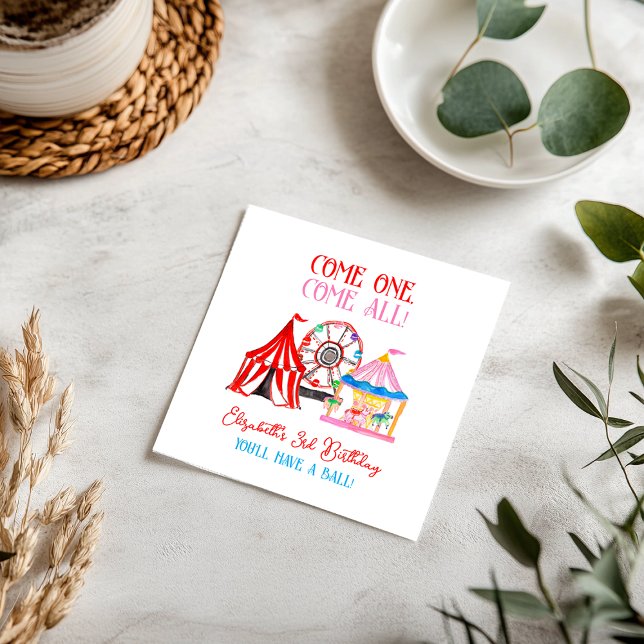 Serviette En Papier Joyeux Anniversaire Carnaval Cirque Dessiné à la M (Cute Hand Drawn Carnival Circus Birthday Napkins)
