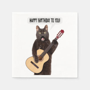 Serviette En Papier Joyeux Anniversaire Chat chantant et jouant de la 