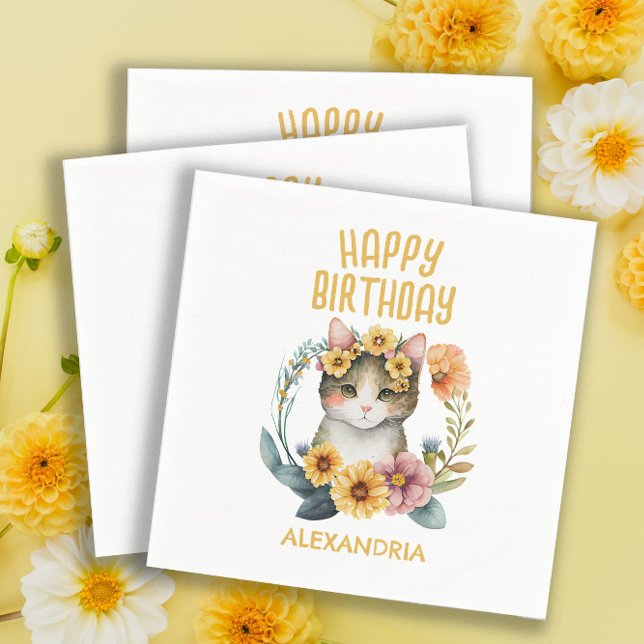 Serviette En Papier Joyeux Anniversaire Chat Mignon Chaton Petite Fill (Créateur téléchargé)