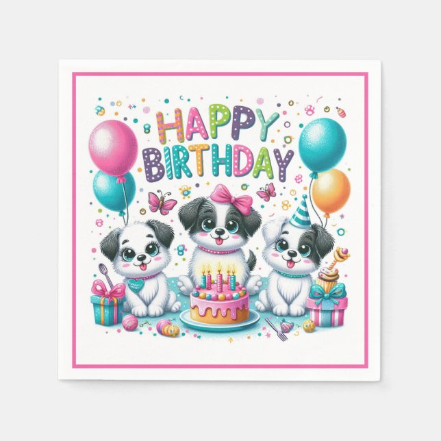 Serviette En Papier Joyeux Anniversaire Chiots (Devant)
