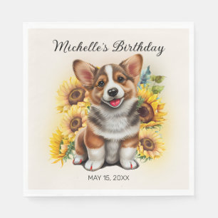 Serviette En Papier Joyeux Anniversaire Corgi Mignon Fleurs de Tournes