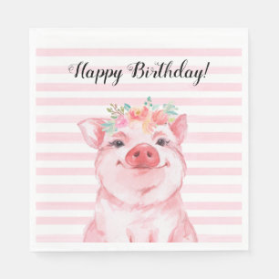 Serviette En Papier Joyeux Anniversaire de porc à l'aquarelle