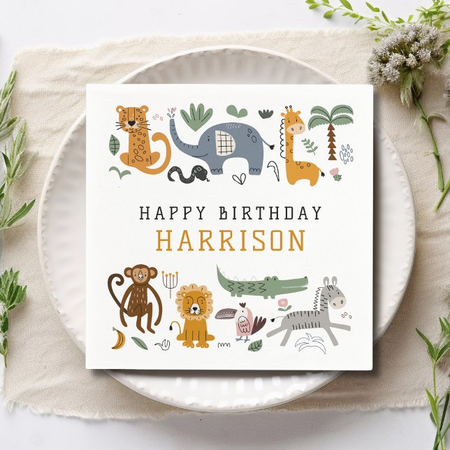 Serviette En Papier Joyeux Anniversaire Deux Animaux Safari Sauvages E (Créateur téléchargé)