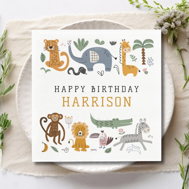 Serviette En Papier Joyeux Anniversaire Deux Animaux Safari Sauvages E (Créateur téléchargé)