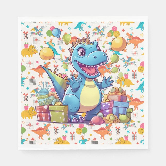 Serviette En Papier Joyeux Anniversaire Dinosaure  (Devant)