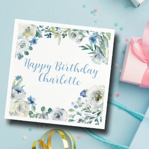 Serviette En Papier Joyeux anniversaire Elégant Blue Blanc Floral Part