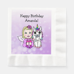 Serviette En Papier Joyeux Anniversaire Fée et Licorne Fête pour Fille
