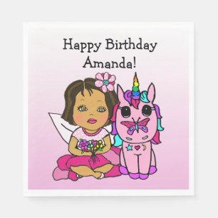 Serviette En Papier Joyeux Anniversaire Fée et Licorne Filles Fête
