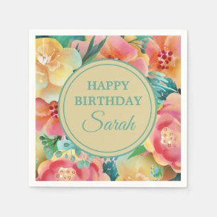 Serviette En Papier Joyeux Anniversaire Fleur Florale Aquarelle Rose J